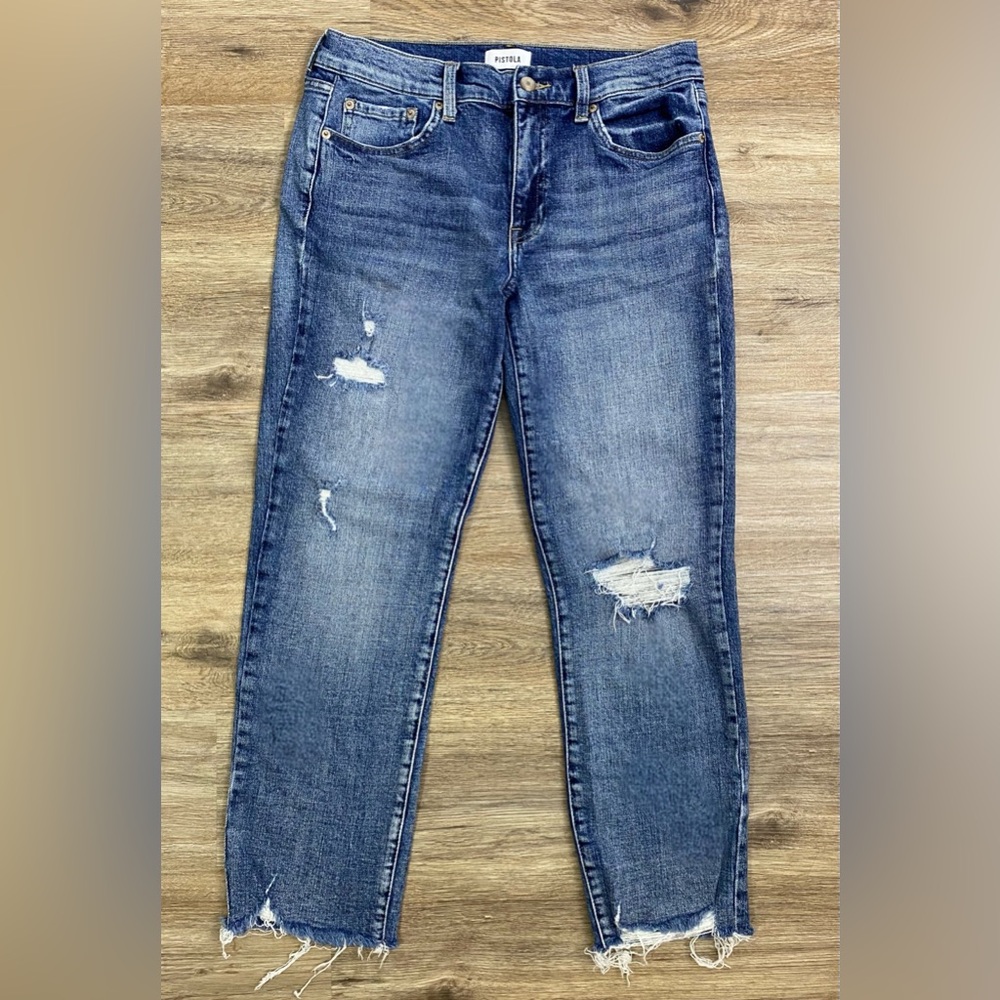 Pistola Distressed Medium Wash Straight Leg Denim Blue Jeans — Women’s Size 30